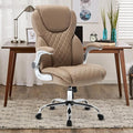 Leather Executive Office Chair, High Back Ergonomic Office Desk Chairs with Wheels, 90-120° Rocking Managerial Home Computer Chairs with Flip up Arms and Lumbar Support(Light Brown)