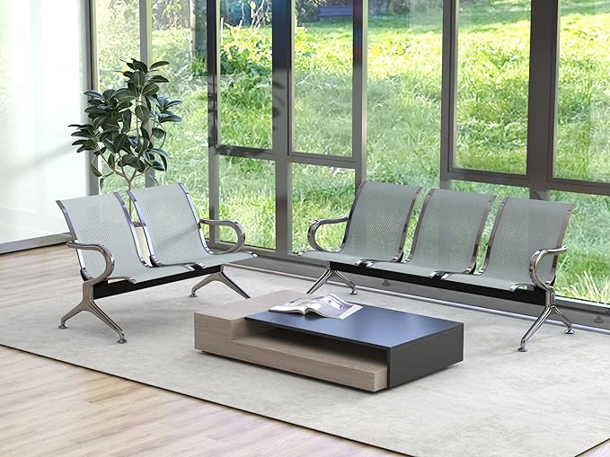 Kinsuite 2-Seat Reception Chairs - Waiting Room Chairs with Arms & Stainless Steel Frame, Waiting Room Bench Lobby Chairs for Office Airport Bank Hospital, Silver