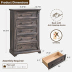 T4TREAM Farmhouse 5 Drawer Dresser for Bedroom, 47" Tall Wood Dresser with Ample Storage Space and Rustic Charm, Dark Rustic Oak