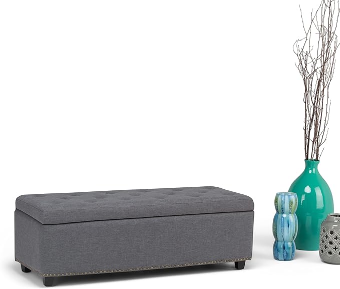 SIMPLIHOME Hamilton 48 inch Wide Transitional Rectangle Storage Ottoman in Slate Grey Linen Look Fabric, Assembled, For the Living Room, Entryway and Family Room