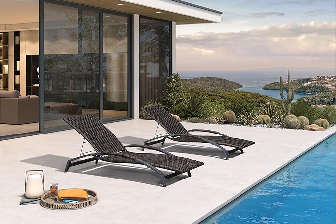 PURPLE LEAF Patio Chaise Lounge Chair Set of 2 Wicker Tanning Outdoor Pool Adjustable Recliner Chair for Outside Beach Poolside Sunbathing Lounger Dark Brown