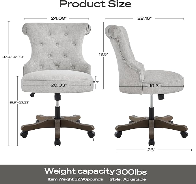 Home Office Adjustable Height Swivel Chair With Wheels - Linen Fabric Upholstered Computer Desk With Wooden Legs - Comfortable Armless for Study Studio (Light Grey)