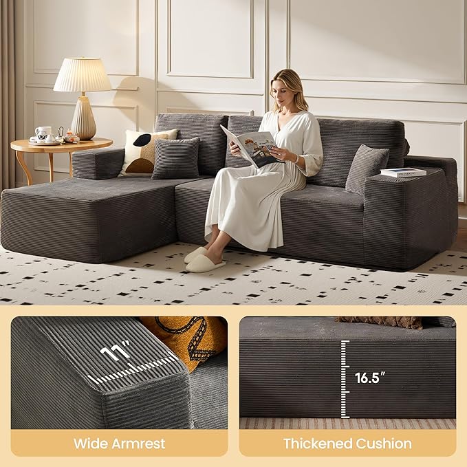 104" Cloud Sectional Couch with Chaise, Boneless L-Shaped Cloud Couch with Deep Seat, Corduroy Modern Minimalist Sofa, Assembly Free Comfy Sofa for Office Living Room Apartment(Grey, Left Chaise)