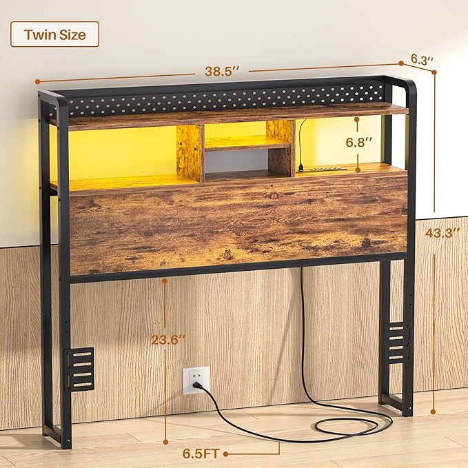 Unikito Headboard for Twin Size Bed with Storage Shelf, Head Board with 3 Outlets and 2 USB Ports, Headboards with RGB LED Light, Height Adjustable, Sturdy and Stable, Easy Assembly, Rustic Brown