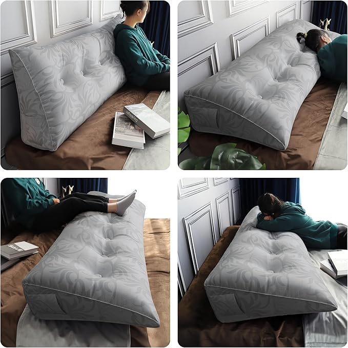 WOWMAX Triangular Headboard Pillow Bed Wedge Pillow for Headboard Full Size Wedge Pillow Headboard for Daybed Bunk Bed Silver Bolster Pillow for Bed, Jacquard Satin fabric 100% Pure Cotton, Light Grey
