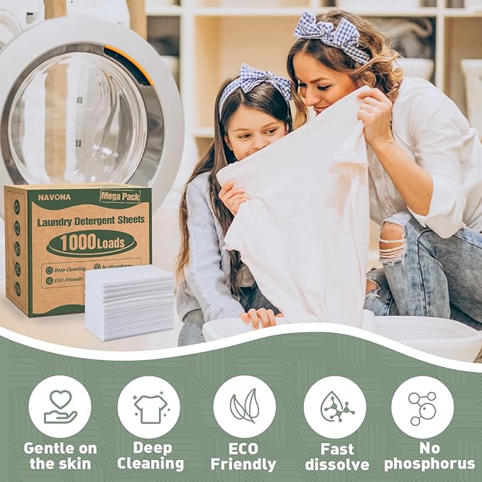 1000 Loads Mega Pack Laundry Detergent Sheets, Eco-friendly Laundry Sheets, Powerful Cleaning, Suitable for Homes, Dorms, and Apartments - [Fresh Scent]
