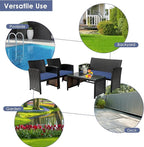 COSTWAY Patio Furniture Set 4 Pieces, Outdoor Wicker Chairs Sofa w/Coffee Table and Soft Cushions, Rattan Conversation Sets for Patio Lawn Backyard Yard Pool Garden, Navy