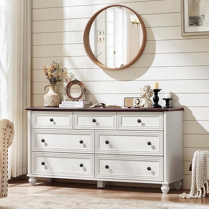 Farmhouse Dressers & Night Stand Set of 4, Wood 54" Wide Dresser & 35" Tall Chest of Drawers, 18" with Charging Station Nightstand Set of 2, Bedroom Furniture Dresser Set for Home Living Room Hallway