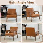 EROMMY Mid Century Modern Leather Accent Chair with Wood Frame, Faux Leather Accent Armchair with Storage Bag,Pu Living Room Accent Chair for Reading, Bedroom,Deep Brown