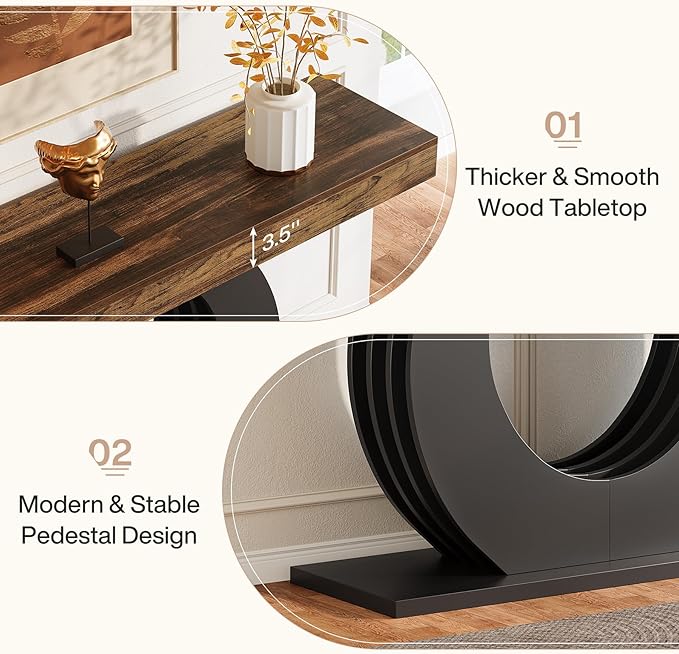 Tribesigns 63-Inch Console Sofa Table, Rustic Industrial Farmhouse Entryway Table, Narrow Long Couch Console Behind Sofa with Black Circle Base for Living Room Hallway, Rustic Brown