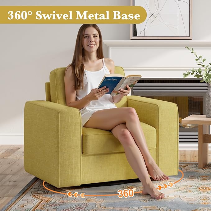Swivel Accent Sofa Chair Set of 4, Modern Comfy Oversized Upholstered Cushion Back Armchair in Linen 1pcs for Living Room, Bedroom, Reading Room(Yellow)