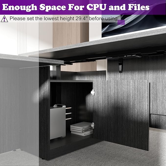 100.4'' Height Adjustable U-Shaped Executive Desk with 3-Drawer File Cabinet and Shelves (Grey-U)