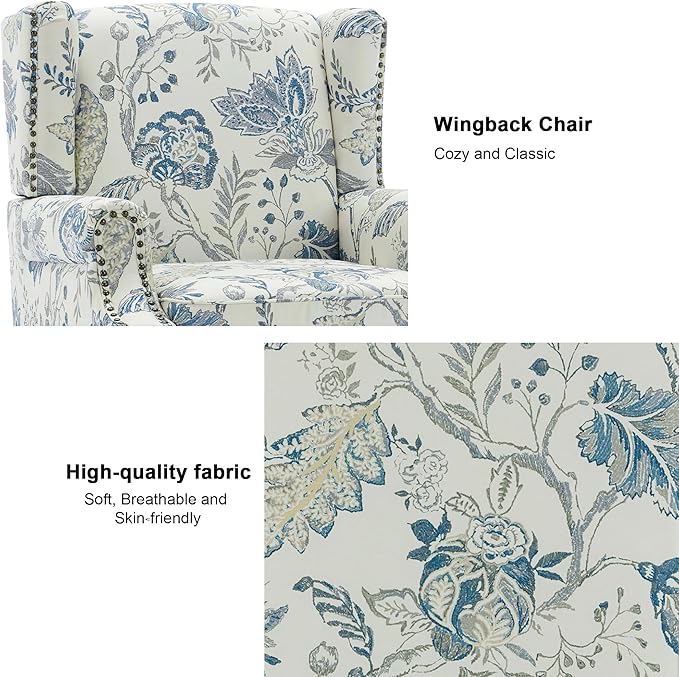 Accent Chair, Upholstered High Back Floral Armchair with Nailhead Trim & Wood Legs, Comfy Wingback Reading Single Sofa Chair for Small Spaces, Living Room, Bedroom ( Plants Blue Floral, Set of 1)