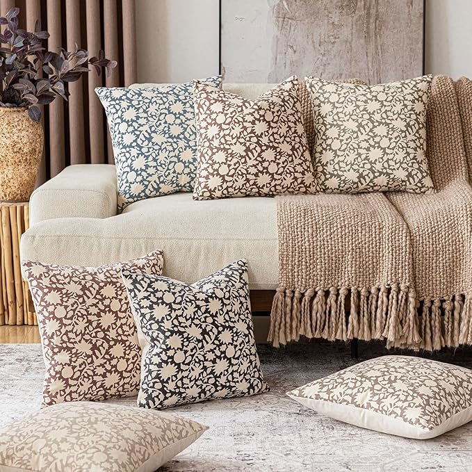 Foindtower Set of 2 Decorative Neutral Floral Throw Pillow Covers Accent Farmhouse Cushion Covers Boho Vintage Pillowcase for Couch Sofa Bedroom Living Room Home Decor,18×18 Inch,Dusty Blue