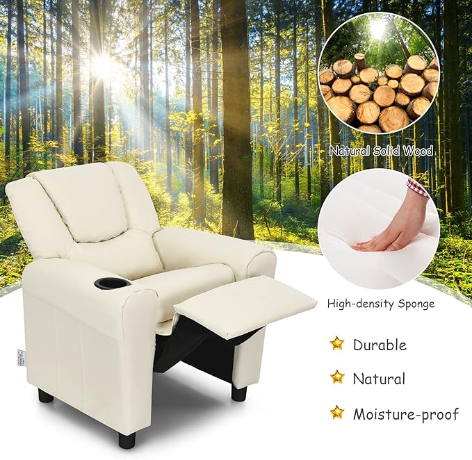 Costzon Kids Recliner Chair with Cup Holder, Toddler Furniture Children Armrest Sofa w/Headrest & Footrest for Girls Boys Baby Bedroom, Kids Room, PU Leather Kids Recliner Couch (Beige)