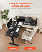 VEVOR 63'' Electric L Shaped Standing Desk, 3 Memory Height, 2-Tier Corner Table with 4 Drawers Storage, 2 Hooks & Cable Hole, Heavy Duty Carbon Steel Sit Stand Computer Workstation, Easy to Assemble
