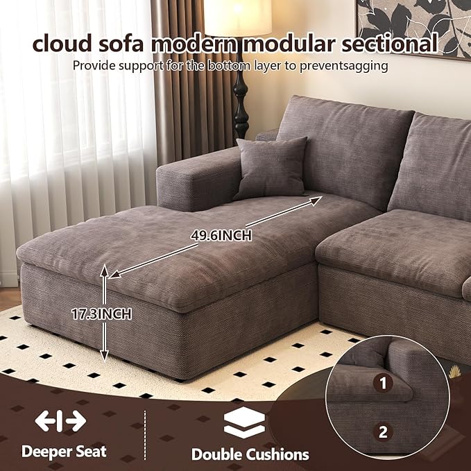136.6'' L-Shaped Modern Modular Sectional Cloud Couch, 4-Seat Chenille Deep-Seat Sofa with Pillow for Living Room, Bedroom, Apartment, Camel