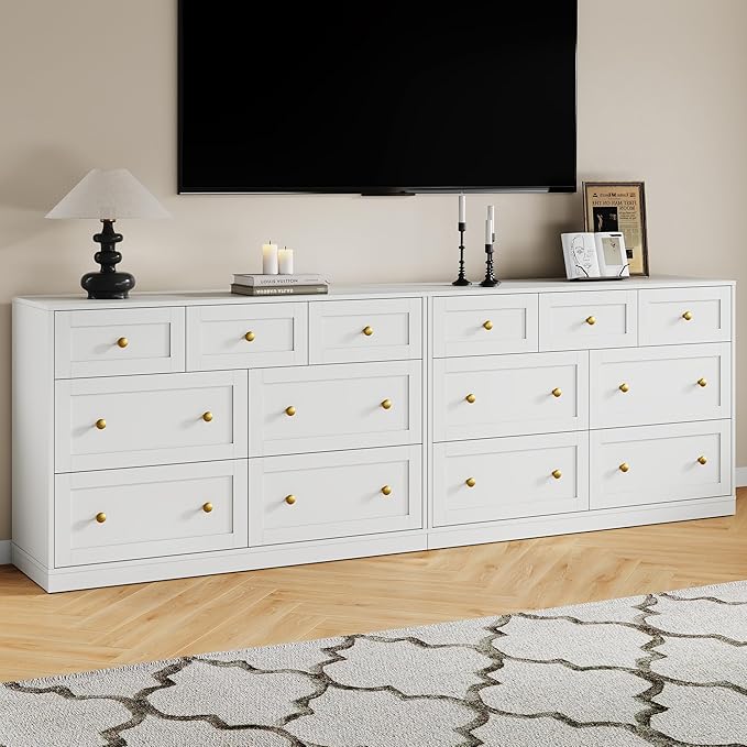RoyalCraft 7 Drawer Dresser, 47'' Wide Modern Chest of Drawers with Gold Knobs, Wooden TV Stand Storage Organizer for Bedroom, Living Room, Entryway, White