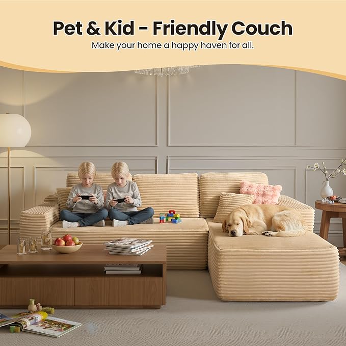 104" Cloud Sectional Couch with Chaise, Boneless L-Shaped Cloud Couch with Deep Seat, Soft Plush Modern Minimalist Sofa, Assembly Free Comfy Sofa for Office Living Room Apartment(Beige, Right Chaise)