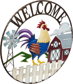 Alpine Corporation SCC578L Large Round Rooster and Farm Welcome Wall Decor, Sign for Entryway & Walkway, 30" Diameter, Multicolor