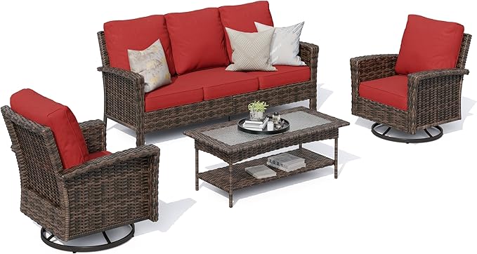 HERA'S HOUSE Red Patio Furniture Set, 35" High Back Swivel Chairs with 5.5" Waterproof Cushions, 4 Pieces Wicker Rattan Outdoor Conversation Sofa Sets for Deck Lawn Yard