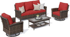 HERA'S HOUSE Red Patio Furniture Set, 35" High Back Swivel Chairs with 5.5" Waterproof Cushions, 4 Pieces Wicker Rattan Outdoor Conversation Sofa Sets for Deck Lawn Yard