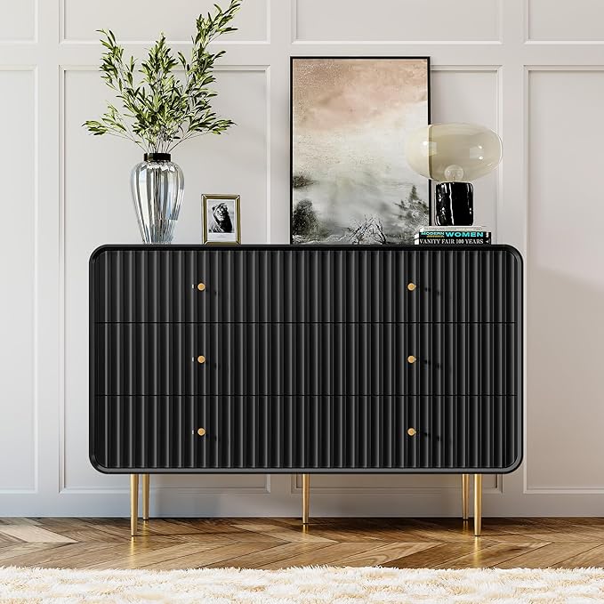 HLR Black Dresser for Bedroom,48'' Wide Wood Chests of Drawers,Modern Fluted 6 Drawer Dresser with Gold Metal Handles,Clothes Deep Drawer Dressers Storage for Living Room,Hallway