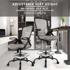HYLONE Drafting Chair, Tall Office Chair Standing Desk Chair Grey Mesh High-Back Drafting Stool with Flip-Up Arms, Adjustable Foot Ring