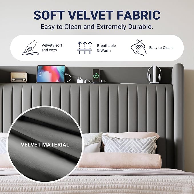 Allewie Full Size Platform Bed Frame with USB Charging Station and Storage Shelf/Upholstered Velvet Wingback Headboard/Wooden Slats Support/No Box Spring Needed/Easy Assembly, Grey