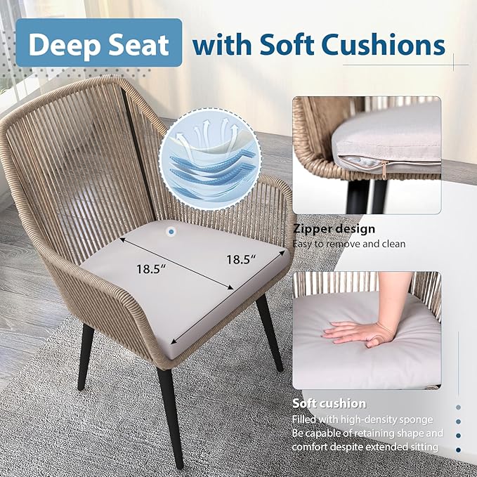 JOIVI Outdoor Dining Chairs Set of 6, 6 Pieces Woven Rope Patio Chairs with Armrest and Seat Cushions for Outside Porch, Balcony or Indoor Dining Kitchen, Restaurant, Tan