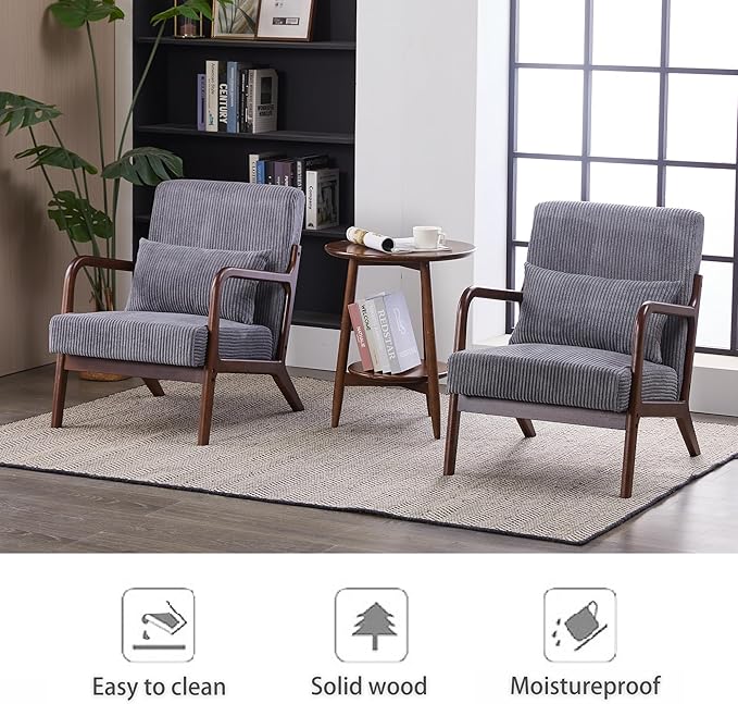 Accent Chairs, Set of 2 Mid-Century Modern Chair with Pillow, Armchair with Solid Wood, Reading Relaxing Leisure Chair for Living Room（Dark Grey）