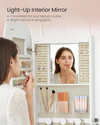 SONGMICS Jewelry Organizer, LED Jewelry Cabinet Wall/Door Mounted, Lockable Rounded Wide Mirror with Storage, Christmas Gift, 3.9 x 16.5 x 55 Inches, White Surface with Greige Lining