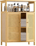 HITNET Rattan Bathroom Storage Cabinet, Bamboo Floor Cupboard with 2 Doors, Freestanding Side Organizer for Living Room, Kitchen, Entryway, Natural