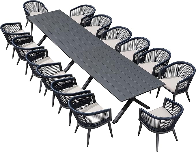 PURPLE LEAF Outdoor Dining Set for 14 All-Weather 16 Pieces Patio Aluminium Dining Table and Rope Weave Chairs Included Cushions for Backyard Deck Indoor Decor Patio Furniture Set Gray and Navy