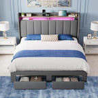 Allewie Vertical Tufted Queen Upholstered Platform Bed Frame with 2-Tier LED Storage Headboard & 2 Storage Drawers, USB & Type-C Charging Ports, Noise-Free/No Box Spring Needed, Dark Grey