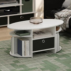 Furinno Jaya Coffee Table, Oval Modern Coffee Table with Shelves and Storage Bin, Side Table, for Living Room, Bedroom, Home Office, White