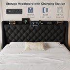 King Size Upholstered Platform Bed Frame with 4 Storage Drawers and Charging Station, Linen Button Tufted Wingback Headboard, Sturdy Wooden Support Slats, No Box Spring Needed, Black