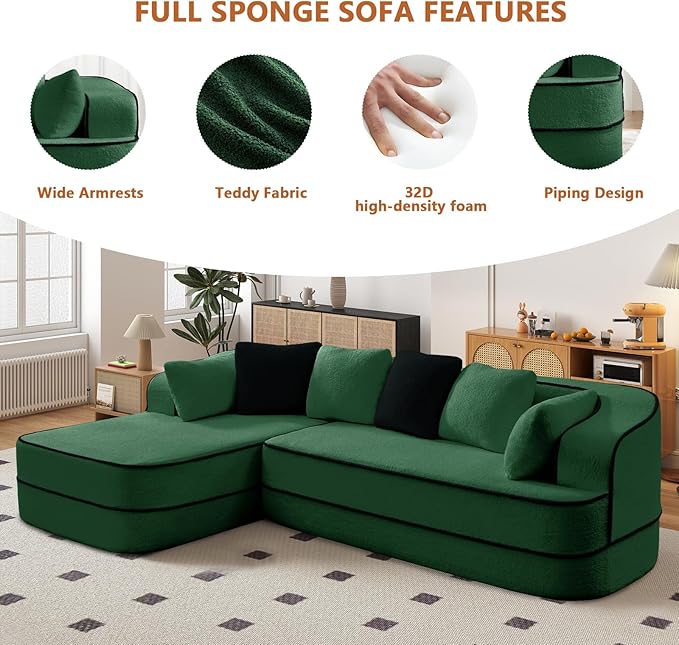 Cloud Sectional Sofa Modern Boneless Couch for Living Room, Comfy Deep Seat Comfy Teddy Fabric Double Sofa Chaise No Assembly Required (Green, 106" L Shape with Left Facing)