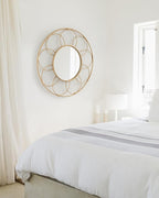 Kate and Laurel Cori Boho Round Mirror; 34 Inch Diameter; Natural; Light Decorative Metal Mirror with Rattan Accenting for Coastal Home Wall Decor