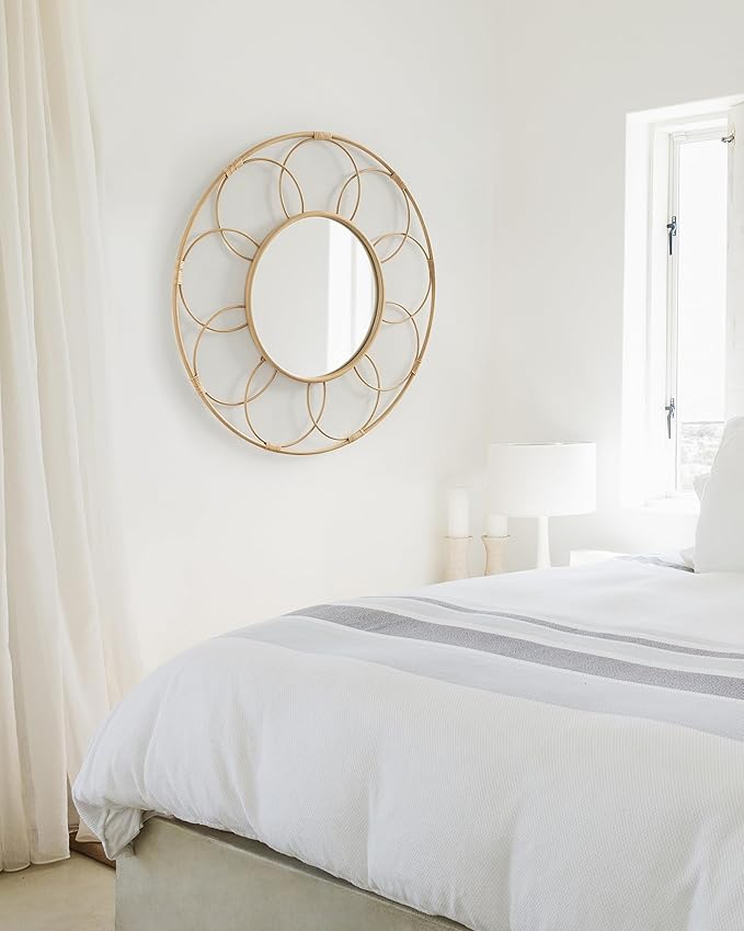 Kate and Laurel Cori Boho Round Mirror; 34 Inch Diameter; Natural; Light Decorative Metal Mirror with Rattan Accenting for Coastal Home Wall Decor
