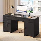 Bestier 59” Office Desk with Lockable Drawers, Modern Computer Desk with File Drawer, Charging Station & Drop-Front Keyboard Drawer, Executive Desk with Storage Cabinet for Home Office & Studio, Black