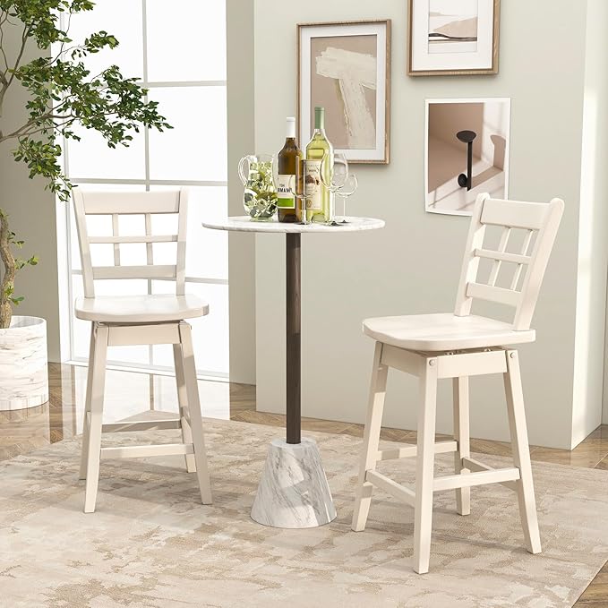 COSTWAY Swivel Bar Stools Set of 2, 24.5 Inch Counter Height Bar Chairs w/Hollow Backrest & Contoured Seat, Wooden Barstools w/Footrest for Kitchen Island, Pub, Bistro, Cafe (2, White)