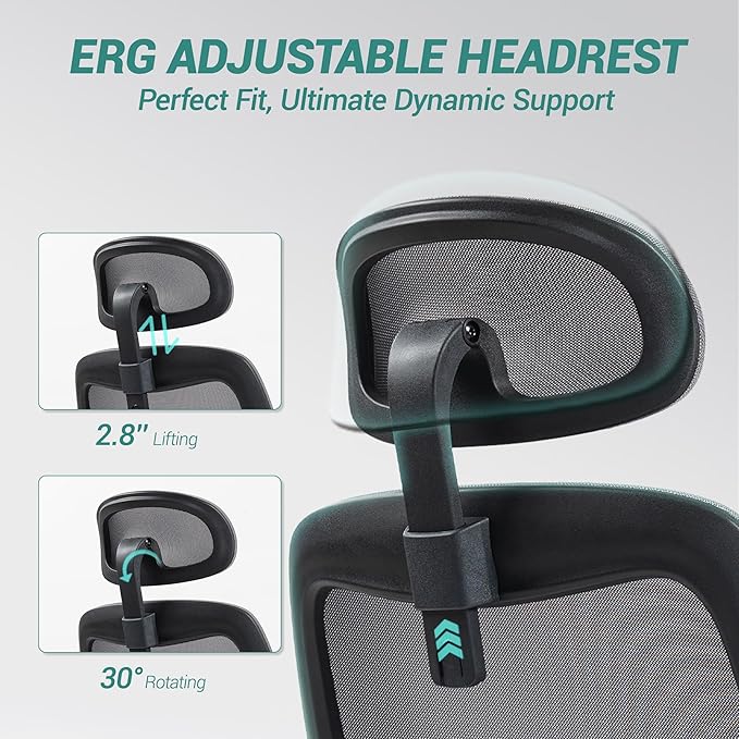 450 LBS Big and Tall Office Chair, Heavy Duty Executive Chair w/4D Arms, Ergonomic Computer Home Desk Chair, Swivel Mesh Chair w/2D Lumbar Support, Adjustable Headrest, Tilt Lock-Black and Grey