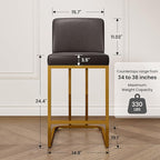 PHI VILLA Grey and Gold Bar Stools Set of 2, Faux Leather Counter Height Chairs, Kitchen Stools for Island, 24 Inch Barstools with Back