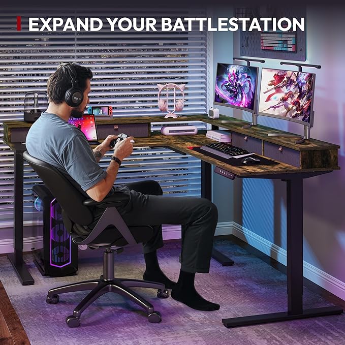 SANODESK 63" L Shaped Standing Desk with 4 Drawers, Height Adjustable Stand up Desk, Corner Gaming Desk with Monitor Stand, Black Frame/Rustic Brown Top