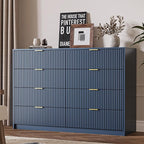 3-Piece Dresser Bedroom Set, 8 Drawer Dresser & 3 Drawer Nightstands with Gold Handles, Fluted Wood Chest of Drawers for Bedroom, Living Room, Entryway, Navy Blue