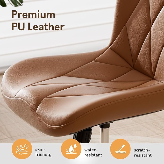 Brown Leather Armless Desk Chair, Soft Ergonomic Cushion, Height Adjustable, Rocking, Home Office