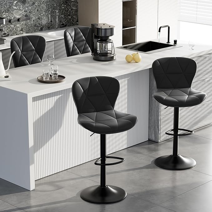 Bar Stools Set of 4,Adjustable Swivel Barstools, Faux Leather Bar Chairs,Upholstered Counter Height with High Backrest for Kitchen Island, Black