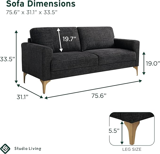 Studio Living® Matthew 75.6" Sofa, Mid-Century Modern, Pocket Coil Comfort, Metal Brushed Bronze Legs, Chenille Fabric, Black