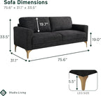 Studio Living® Matthew 75.6" Sofa, Mid-Century Modern, Pocket Coil Comfort, Metal Brushed Bronze Legs, Chenille Fabric, Black